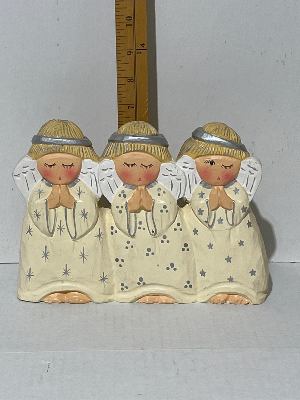 Triple Praying Angel Figurine in Cream Gold Holiday Decor Tabletop 9”x1.5”x7”